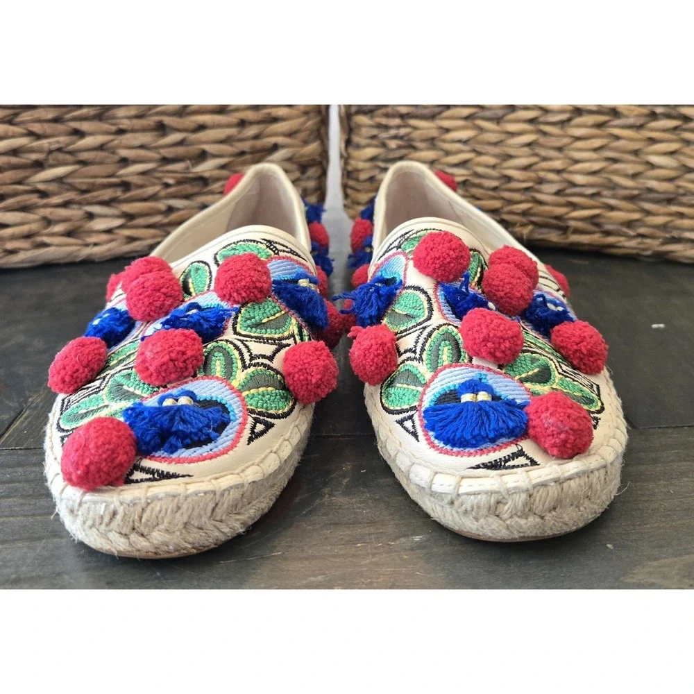 TORY BURCH Ellis‎ Pom-pom Embroidered Leather Textile Espadrille Flats 7.5 Shoes